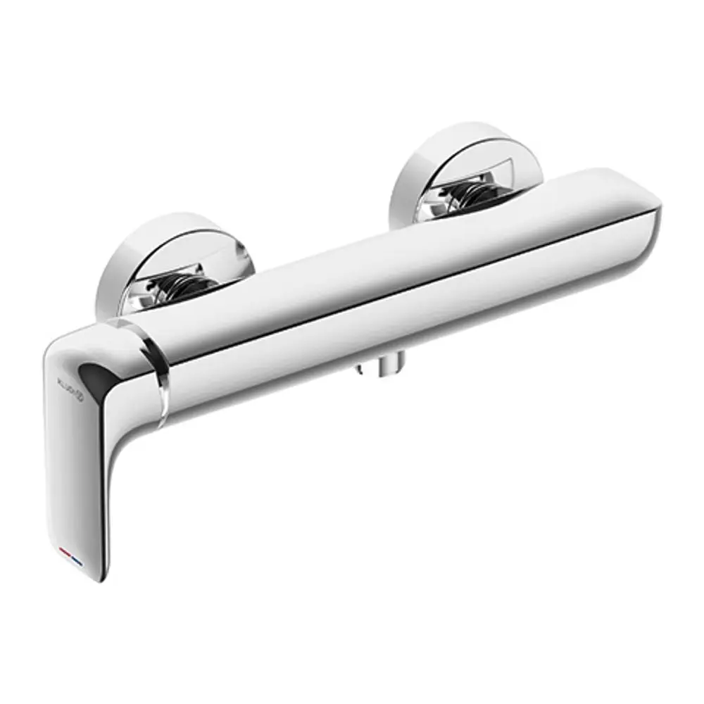 Edelstahl-Duscharmatur mit seitlicher Bedienung, glatte Oberfläche und zwei runden Bedienknöpfen. Design von Kludi für eine moderne Badezimmerausstattung.